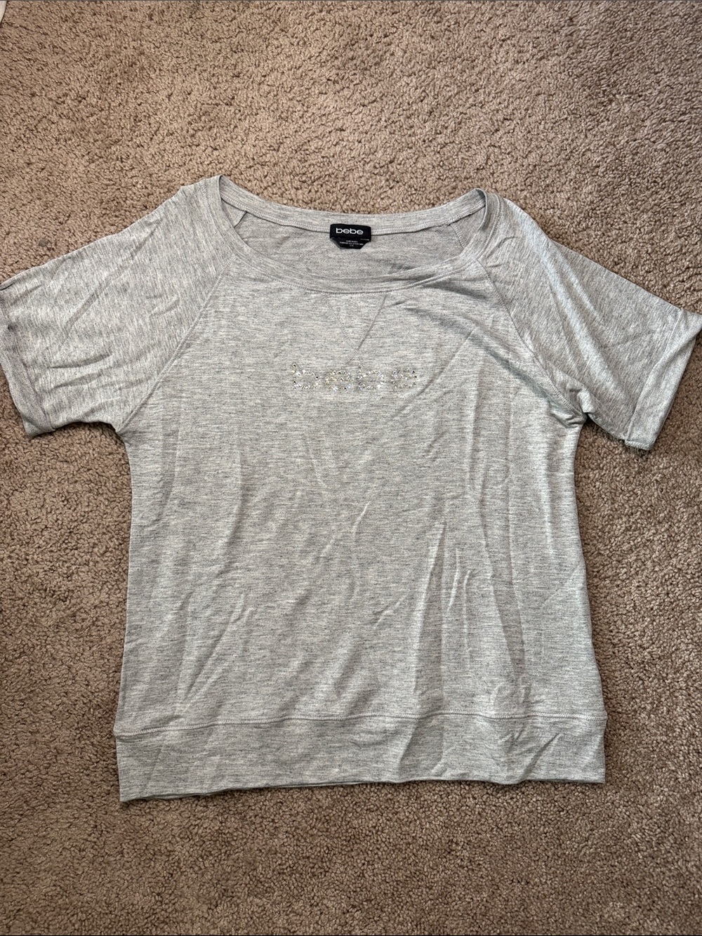 bebe Metallic Silver Short Sleeve Scoop Neck Tee